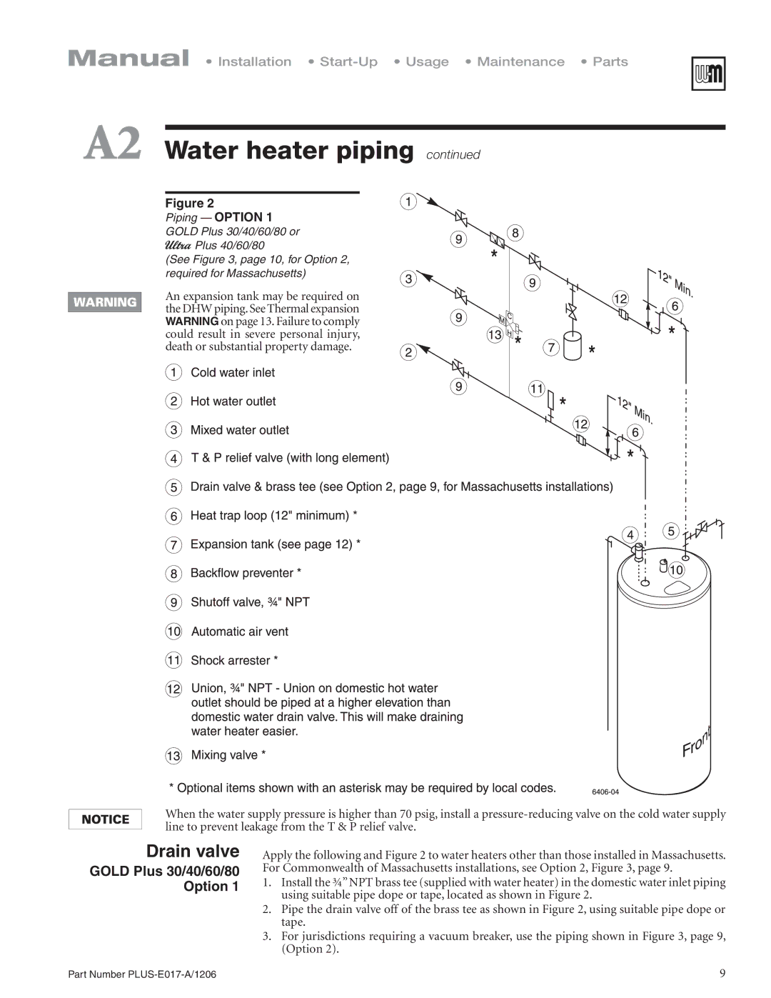 Weil-McLain PLUS-E017-A/1206 manual A2 Water heater piping , Drain valve 